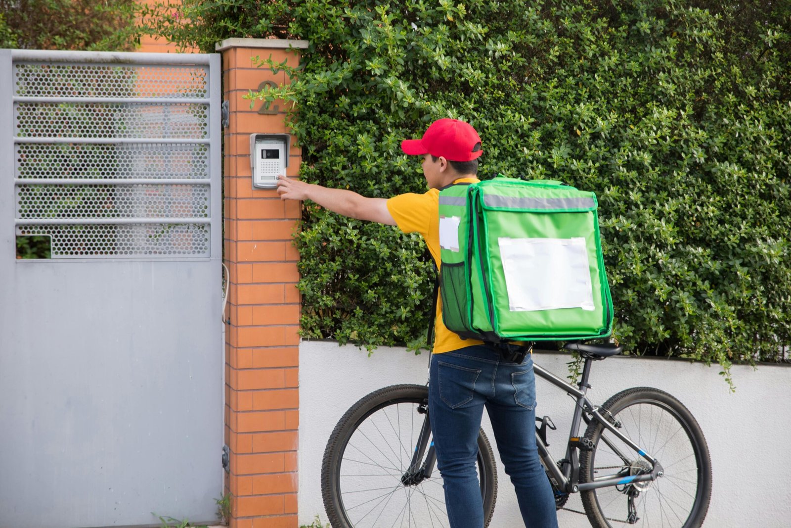 Courier in yellow shirt and red cap delivering a package on a bicycle, pressing a doorbell outdoors.
